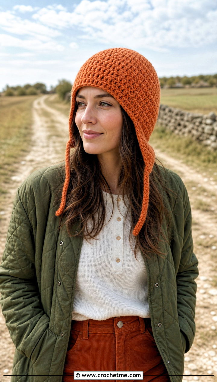 Earflap Crochet Beanie With Quilted Jacket And Corduroy Pants - 15 Crochet Beanie All Sizes outfit ideas