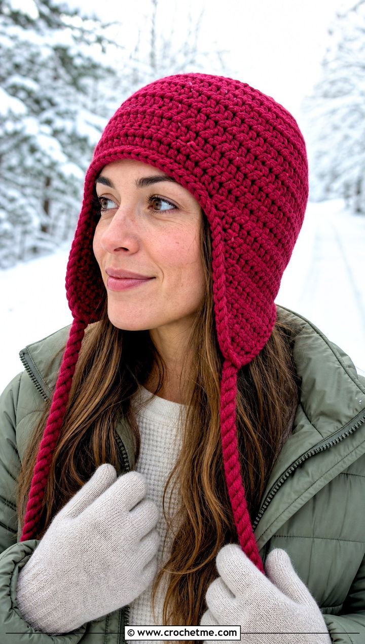 Earflap Crochet Beanie With Quilted Jacket And Thermal Layers - 25 beginner crochet beanie outfit ideas