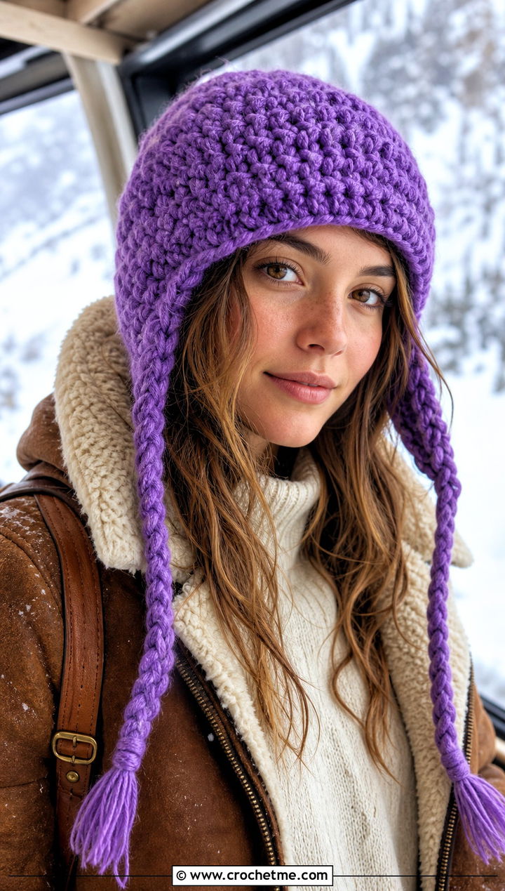 Earflap Crochet Beanie With Shearling Coat - 30 winter crochet beanie outfit ideas