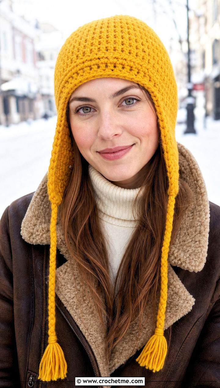 Earflap Crochet Beanie With Shearling Coat - 20 Fun Crochet Beanie outfit ideas
