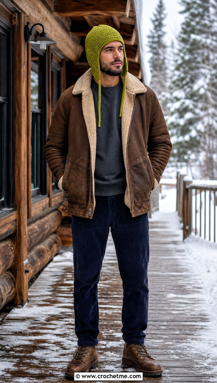 Earflap Crochet Beanie With Shearling Jacket - 35 mens crochet beanie outfit ideas