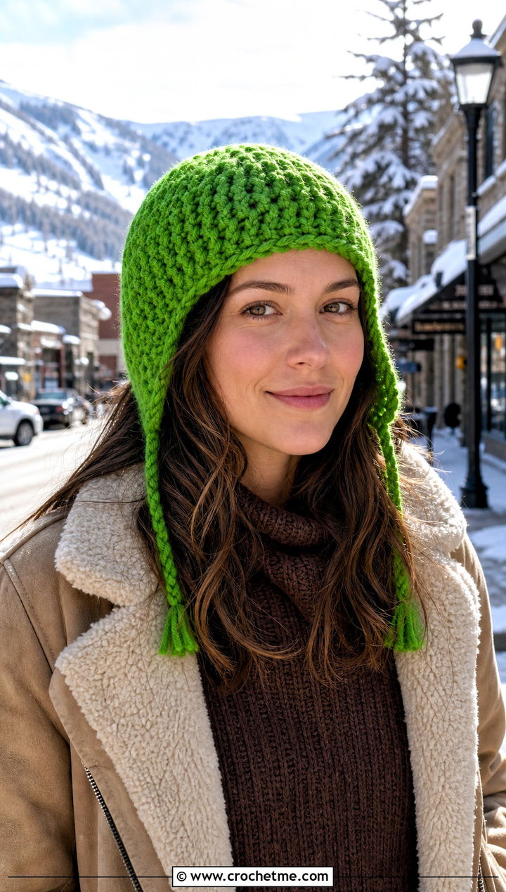 Earflap Crochet Beanie With Shearling Jacket - 15 crochet beany hat outfit ideas