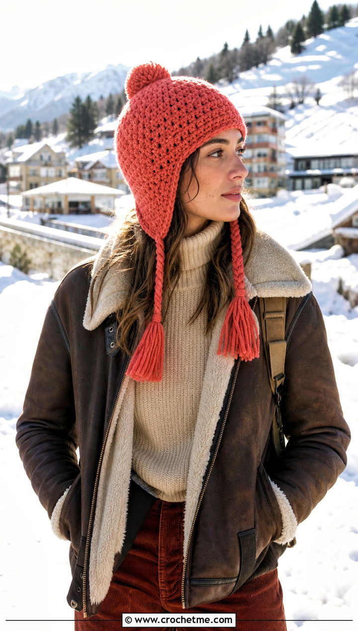 Earflap Crochet Beanie With Shearling Jacket And Corduroy Pants - 25 easy crochet beanies outfit ideas