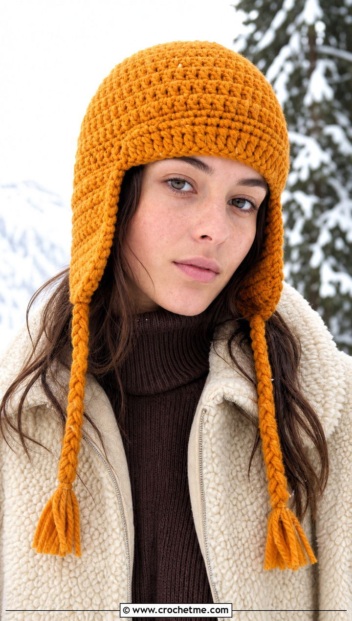 Earflap Crochet Beanie With Shearling Jacket And Corduroy Pants - 15 Easy Crochet Beanies For Beginners outfit ideas