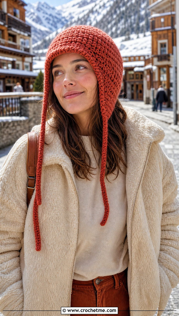 Earflap Crochet Beanie With Shearling Jacket And Corduroy Pants - 20 classic crochet beanie outfit ideas