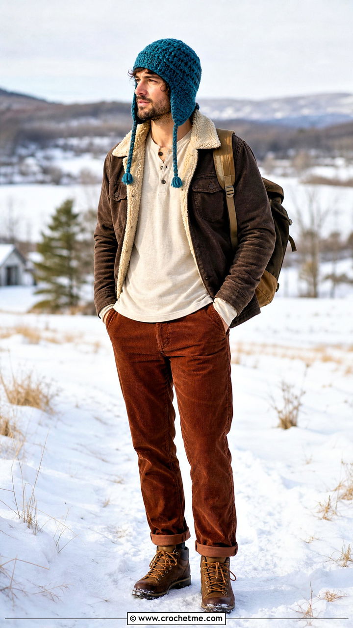 Earflap Crochet Beanie With Shearling Jacket And Corduroy Pants - 35 crochet beanie for men outfit ideas