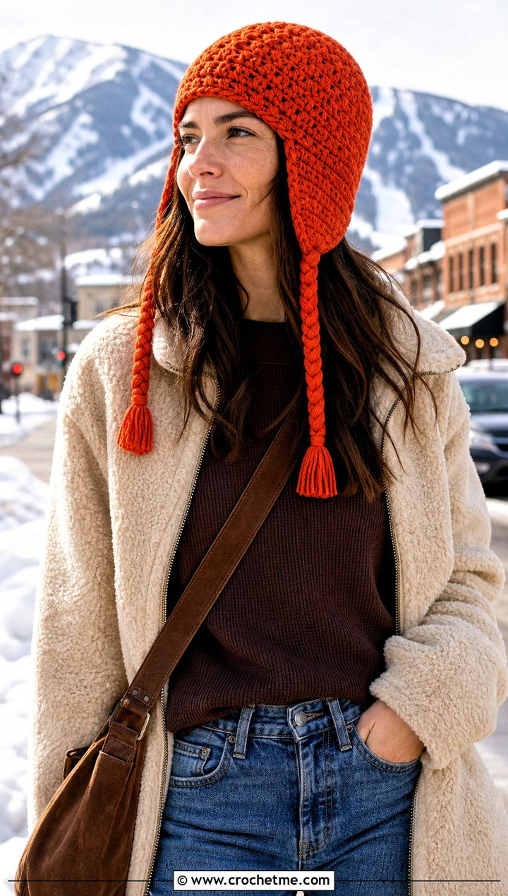 Earflap Crochet Beanie With Shearling Jacket And Relaxed Jeans - 15 Womens Crochet Beanie outfit ideas