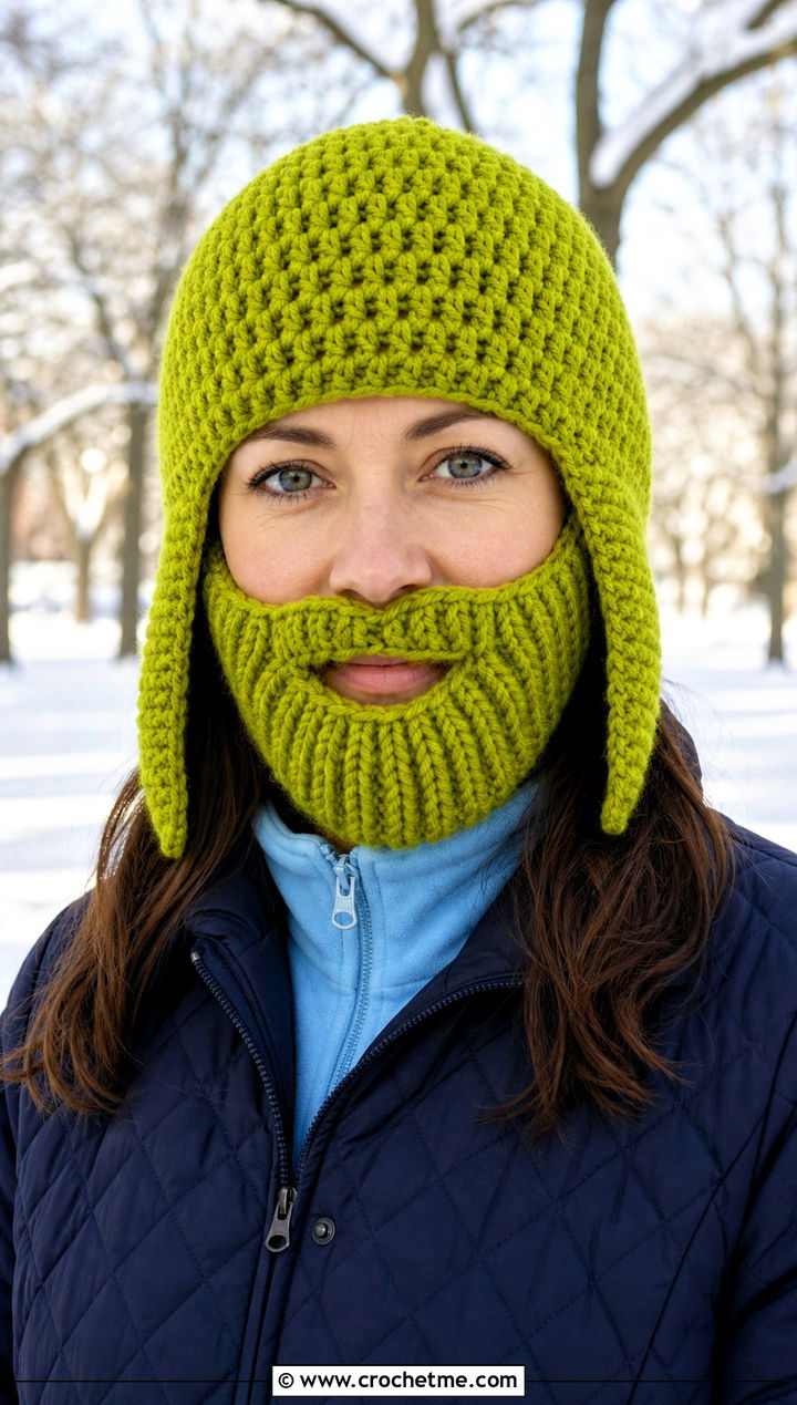 Earflap Crochet Beard Hat With Quilted Coat - 15 Crochet Hat With Beard outfit ideas