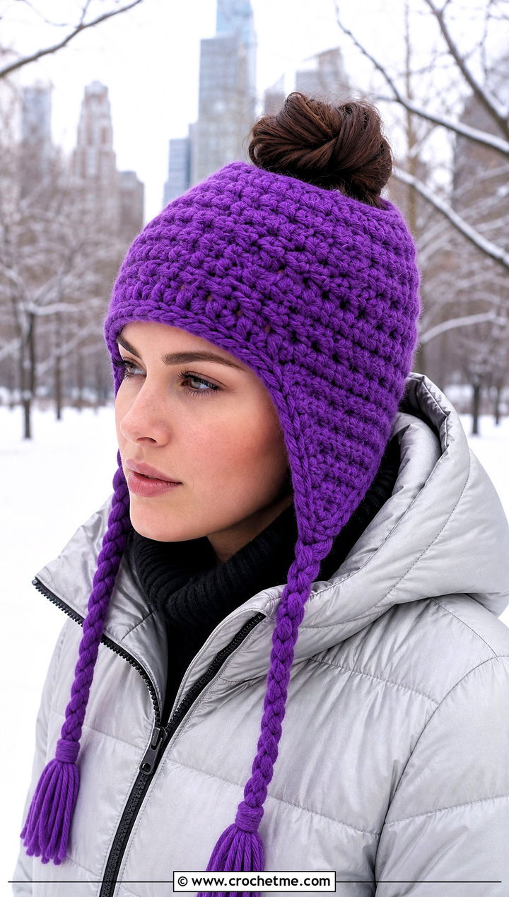Earflap Crochet Bun Hat With Puffer Coat - 15 Crochet Bun Hats outfit ideas