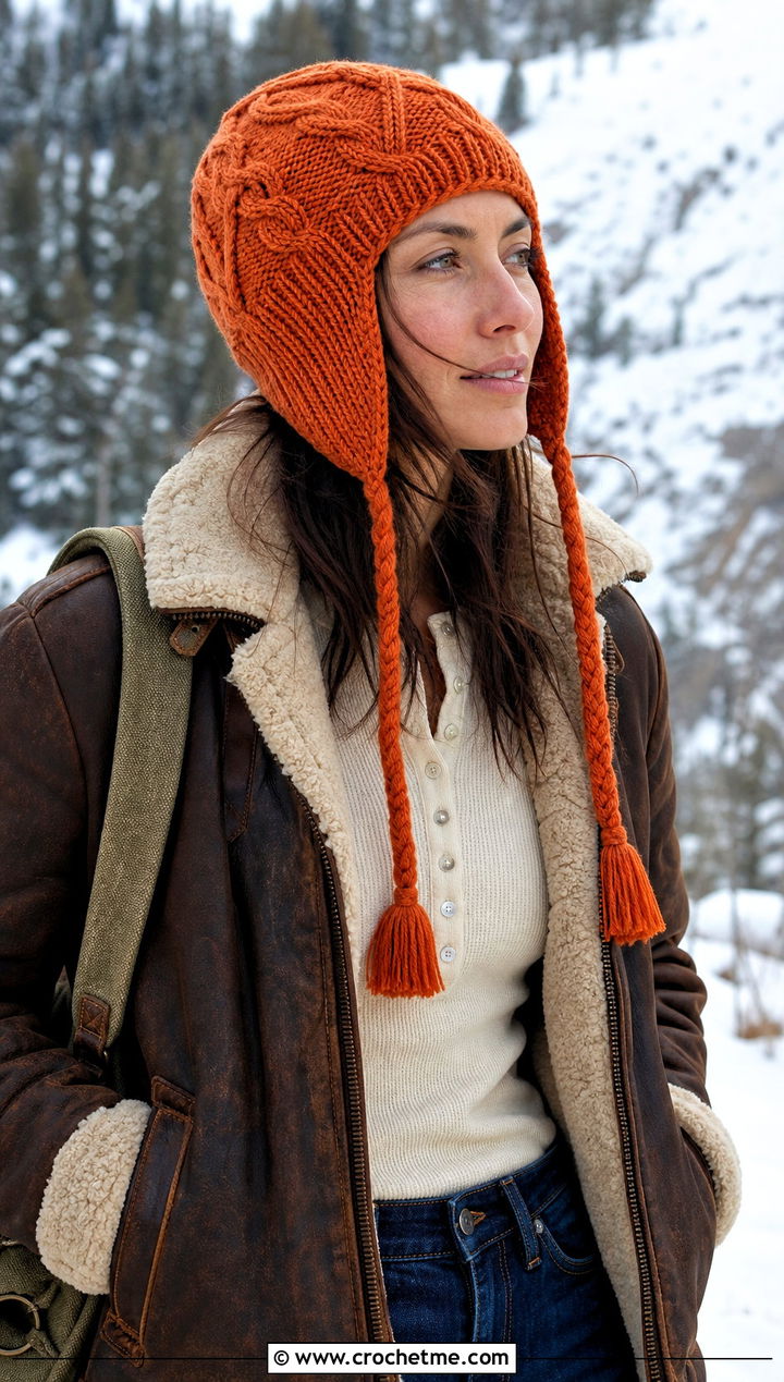 Earflap Crochet Cable Twist Hat With Shearling Jacket - 15 Crochet Cable Twist Hat outfit ideas