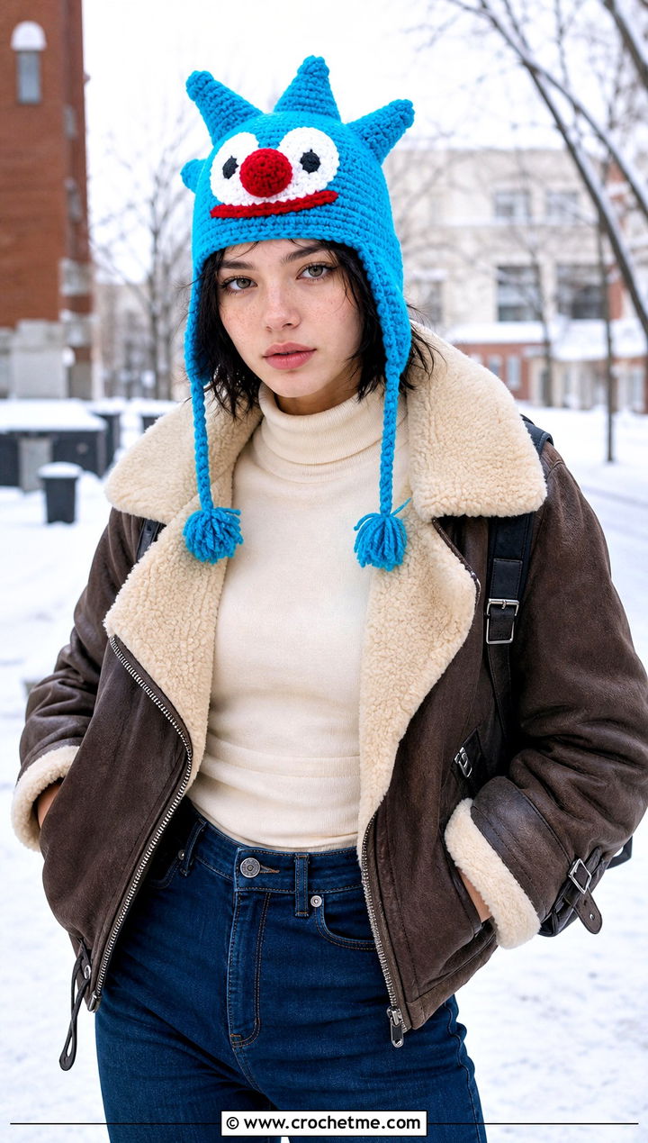 Earflap Crochet Clown Hat With Shearling Jacket - 30 crochet clown hat outfit ideas