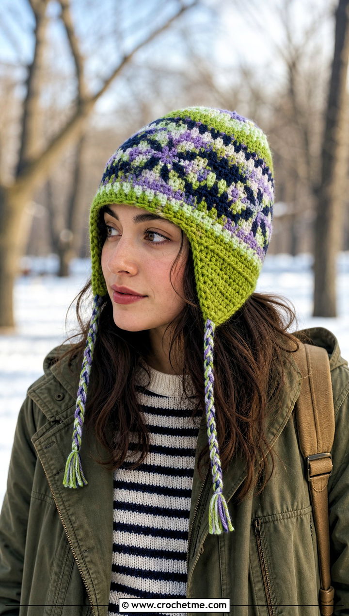 Earflap Crochet Fair Isle Beanie With Utility Jacket - 20 Crochet Fair Isle Beanie outfit ideas
