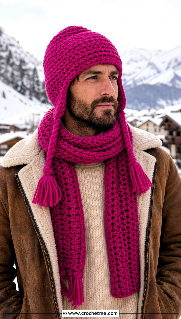 Earflap Crochet Hat And Chunky Scarf With Shearling Jacket - 20 Crochet Mens Hat And Scarf outfit ideas