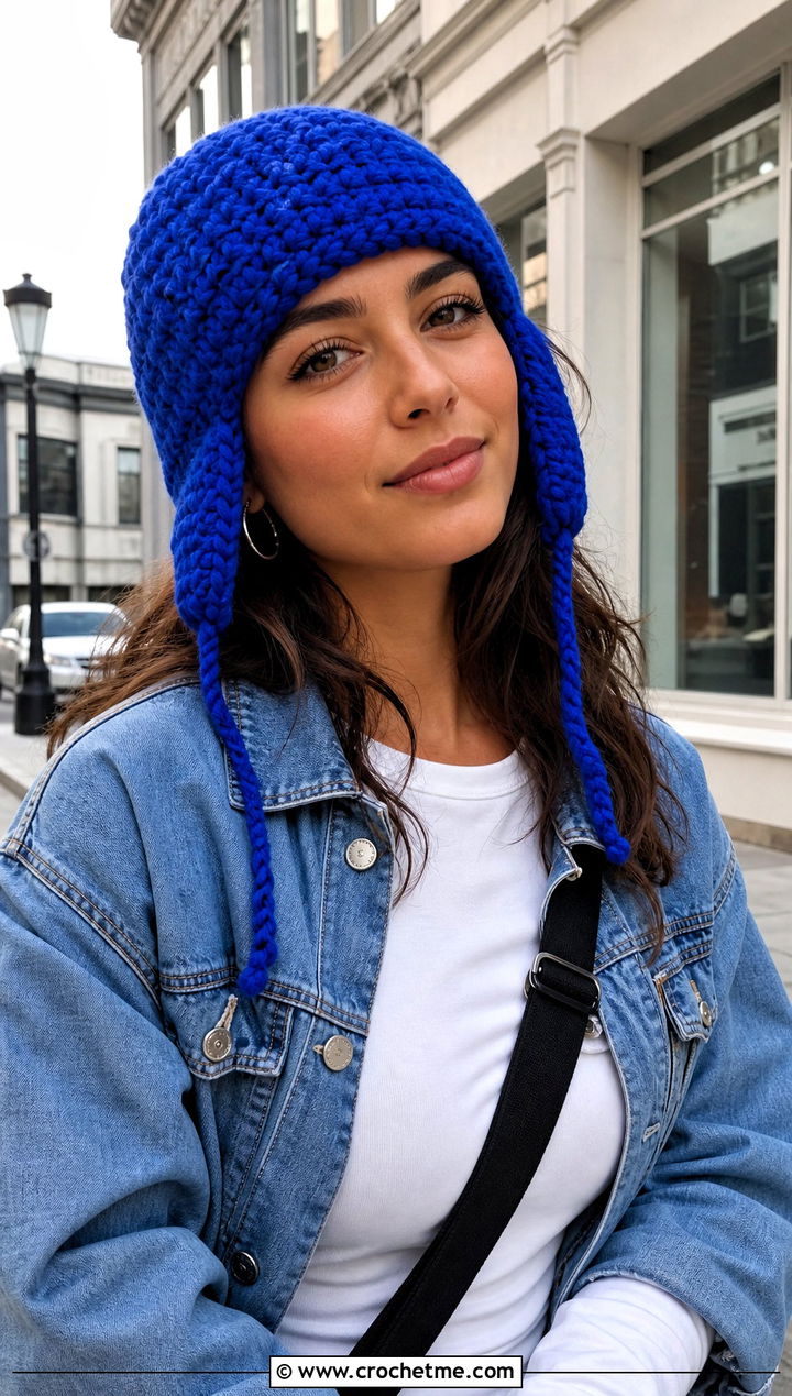 Earflap Crochet Hat With Braided Ties And Denim Jacket - 30 crochet hat with braids outfit ideas