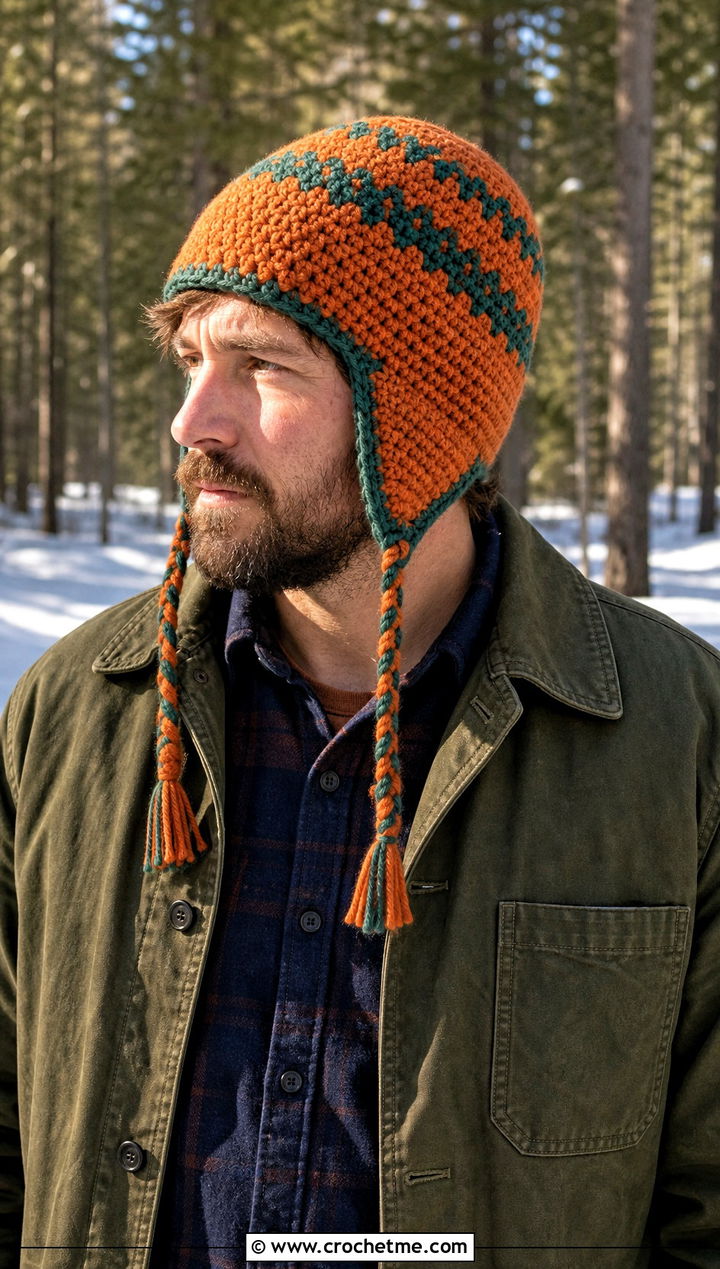 Earflap Crochet Hat With Corduroy Pants - 25 crocheted mens hats outfit ideas