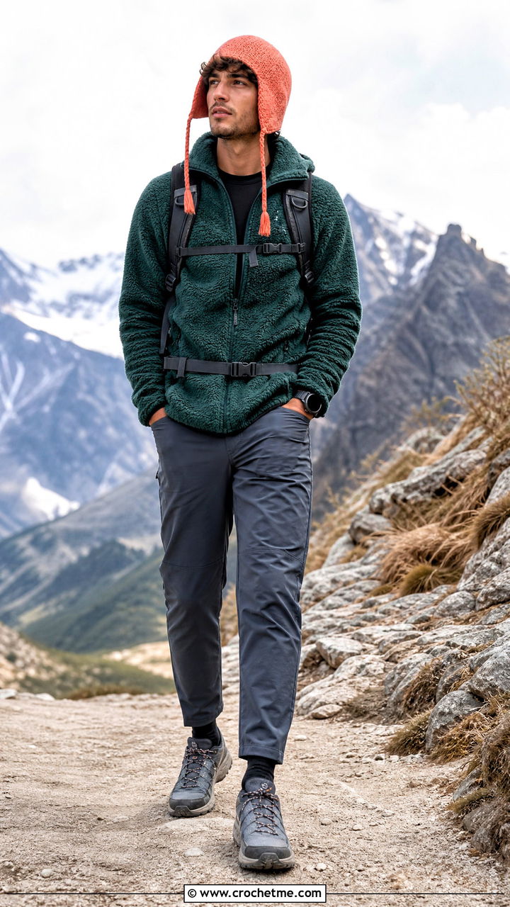 Earflap Crochet Hat With Fleece Jacket And Hiking Pants - 35 crochet hat for men outfit ideas