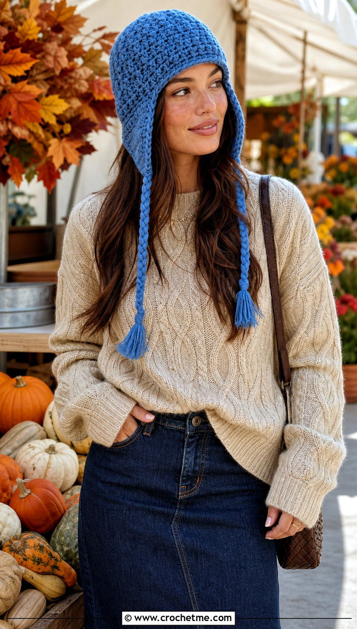 Earflap Crochet Hat With Maxi Skirt - 30 hats to crochet outfit ideas