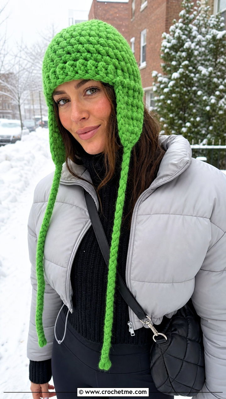 Earflap Crochet Hat With Puffer Jacket - 20 Kawaii Crochet Hat outfit ideas