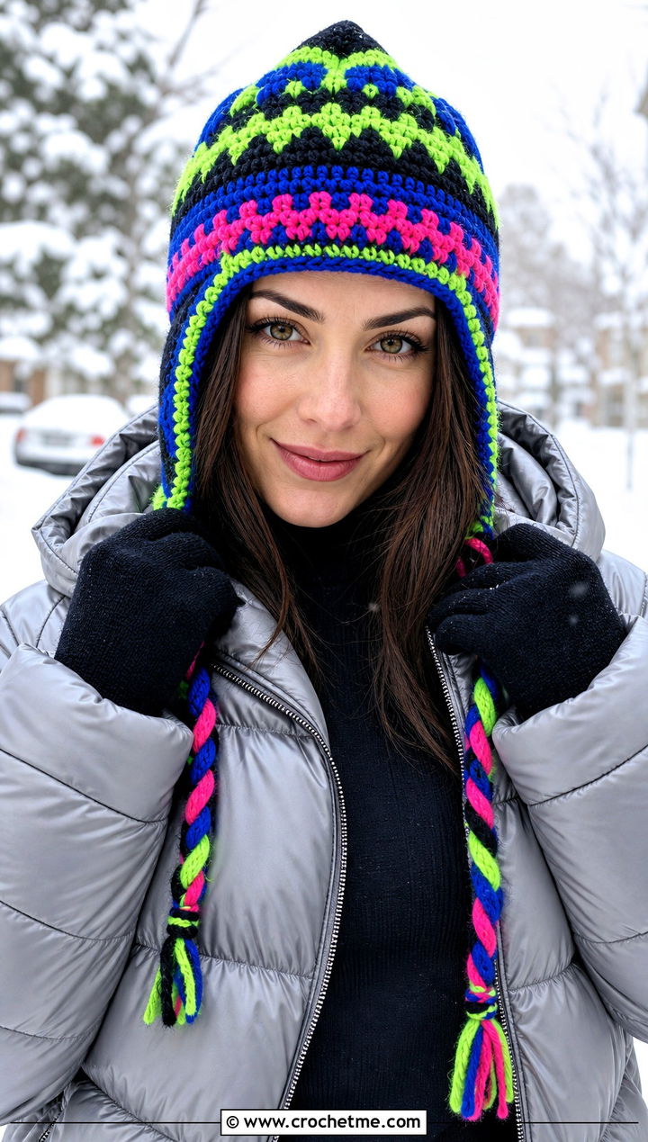 Earflap Crochet Hat With Puffer Jacket - 15 multi color crochet hat outfit ideas