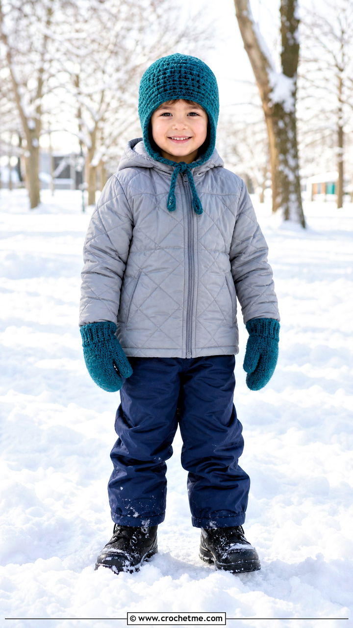 Earflap Crochet Hat With Quilted Jacket - 35 childrens crochet hats outfit ideas
