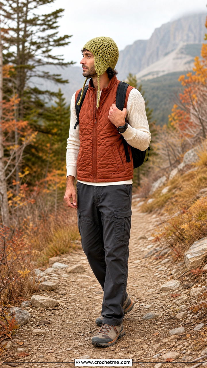 Earflap Crochet Hat With Quilted Vest - 35 men's crochet hat outfit ideas