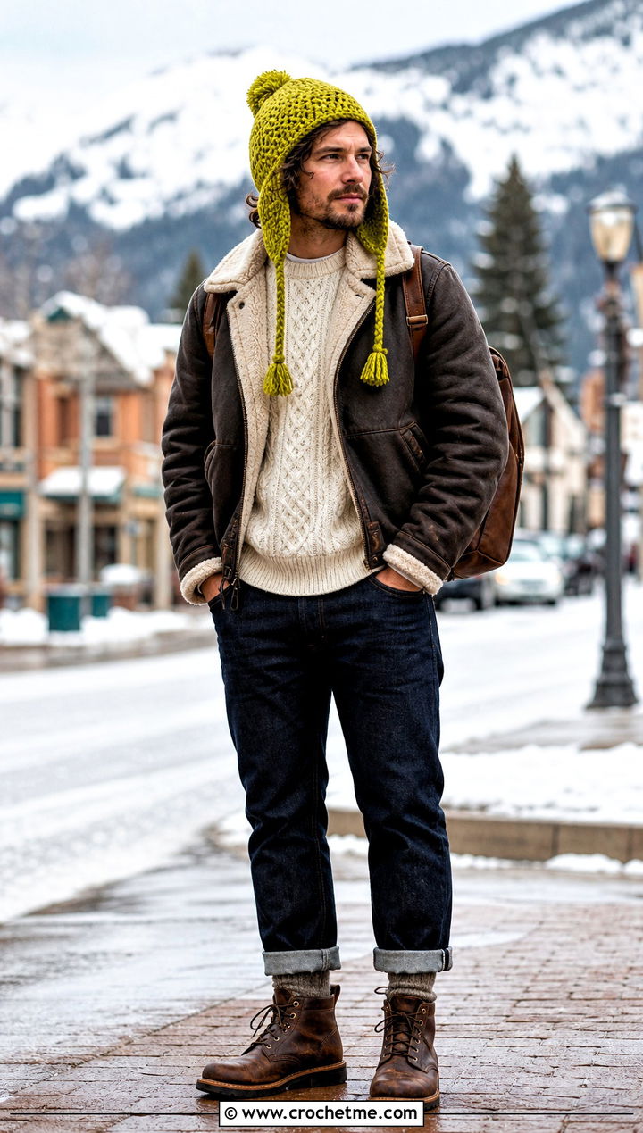 Earflap Crochet Hat With Shearling Jacket - 35 mens crochet hat outfit ideas