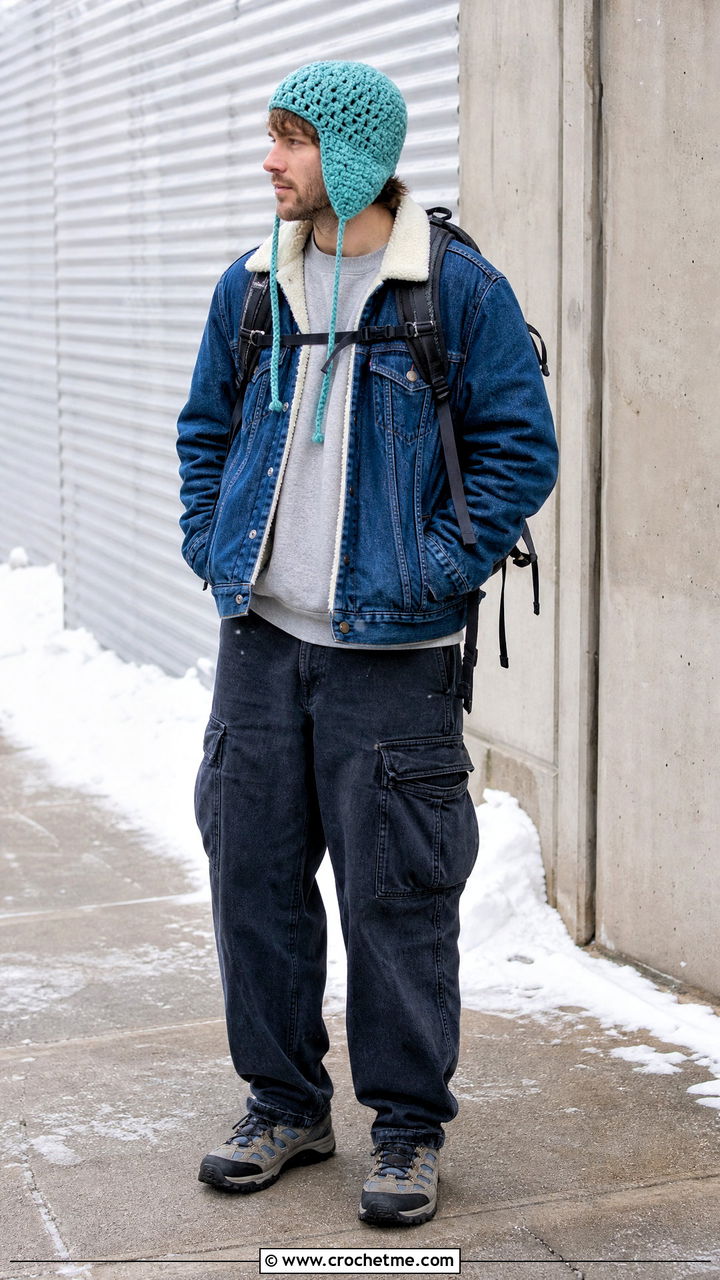 Earflap Crochet Hat With Sherpa Jacket And Cargo Jeans - 35 crochet hat men outfit ideas
