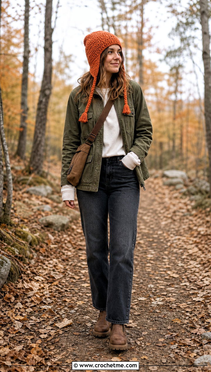 Earflap Crochet Hat With Utility Jacket - 35 easy crochet hat for women outfit ideas