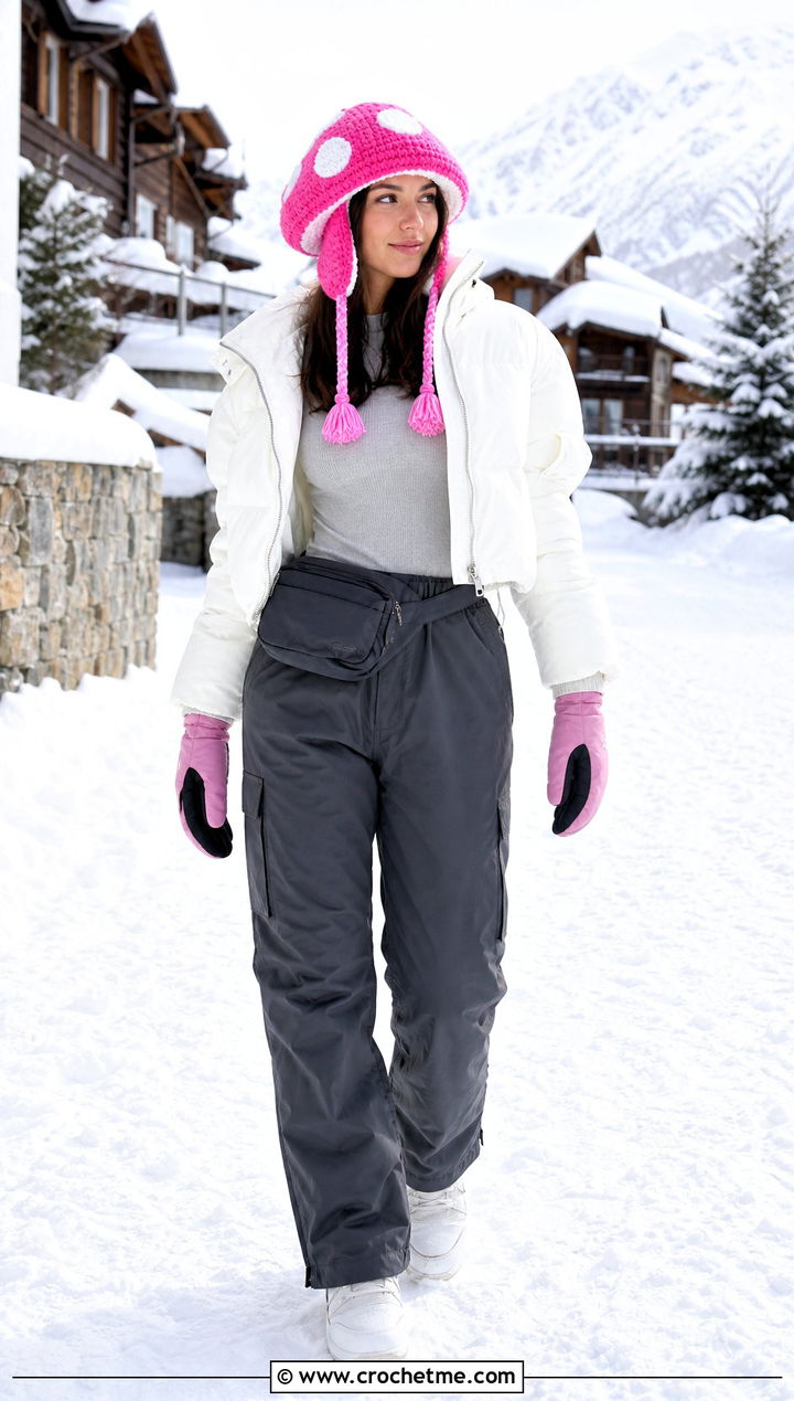 Earflap Crochet Mushroom Hat With Ski Jacket - 35 crochet mushroom hat outfit ideas