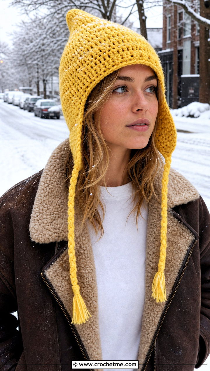 Earflap Crochet Pointed Hat With Aviator Jacket - 25 Crochet Pointed Hat outfit ideas