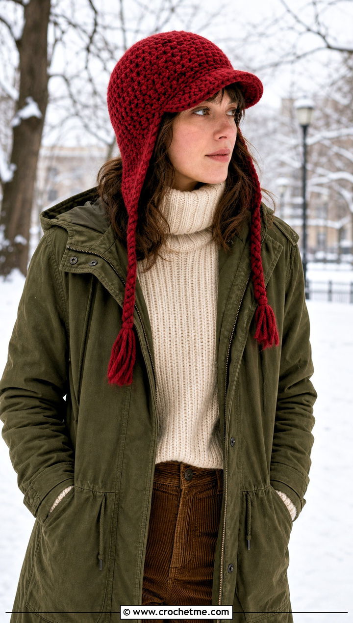 Earflap Crochet Police Hat With Utility Coat And Corduroy Pants - 30 crochet police hat outfit ideas