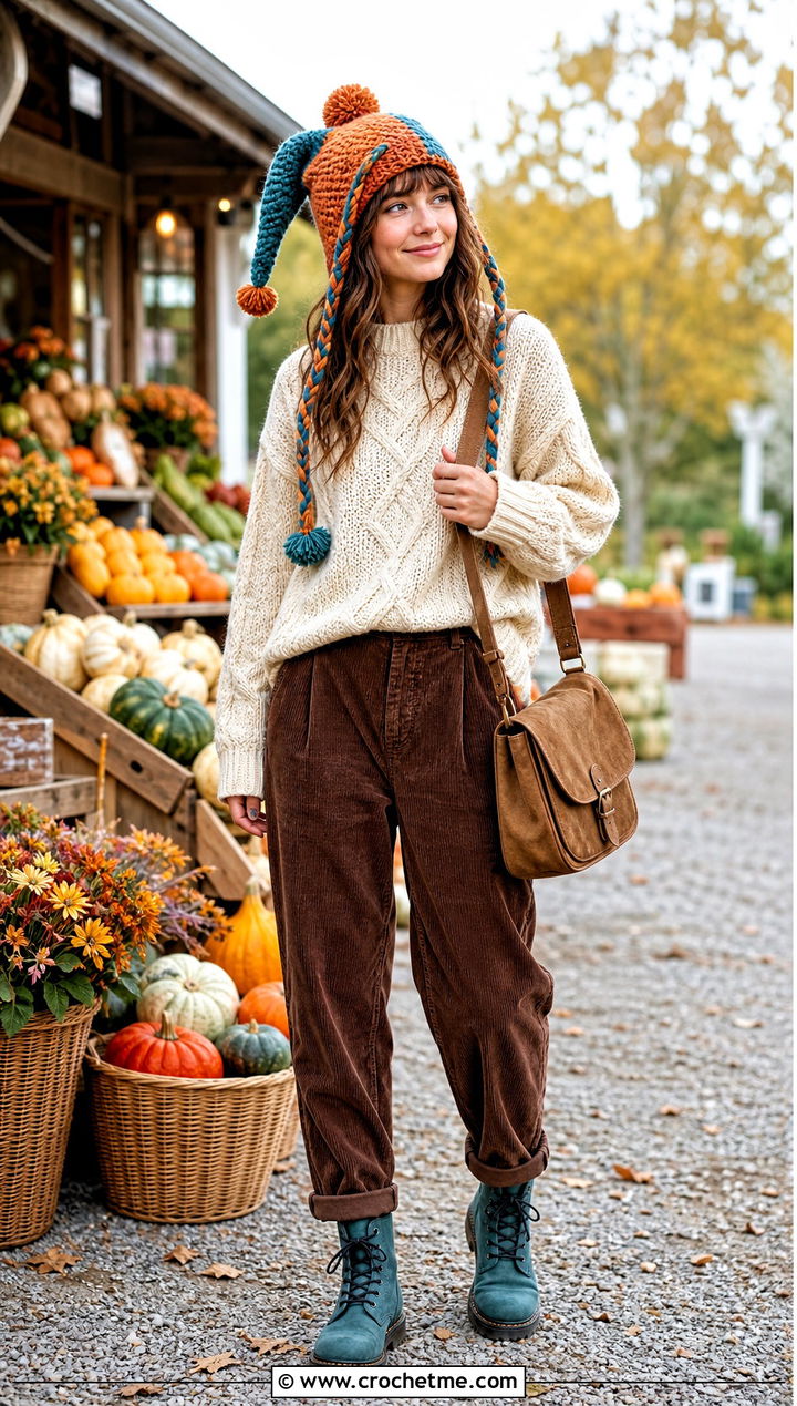 Earflap Crochet Pomni Hat With Corduroy Pants - 35 Crochet Pomni Hat outfit ideas