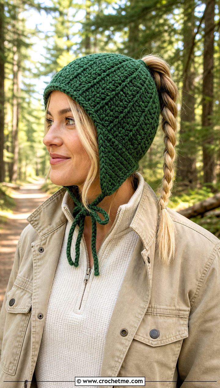 Earflap Crochet Ponytail Beanie With Utility Jacket - 20 Crochet Ponytail Beanie outfit ideas