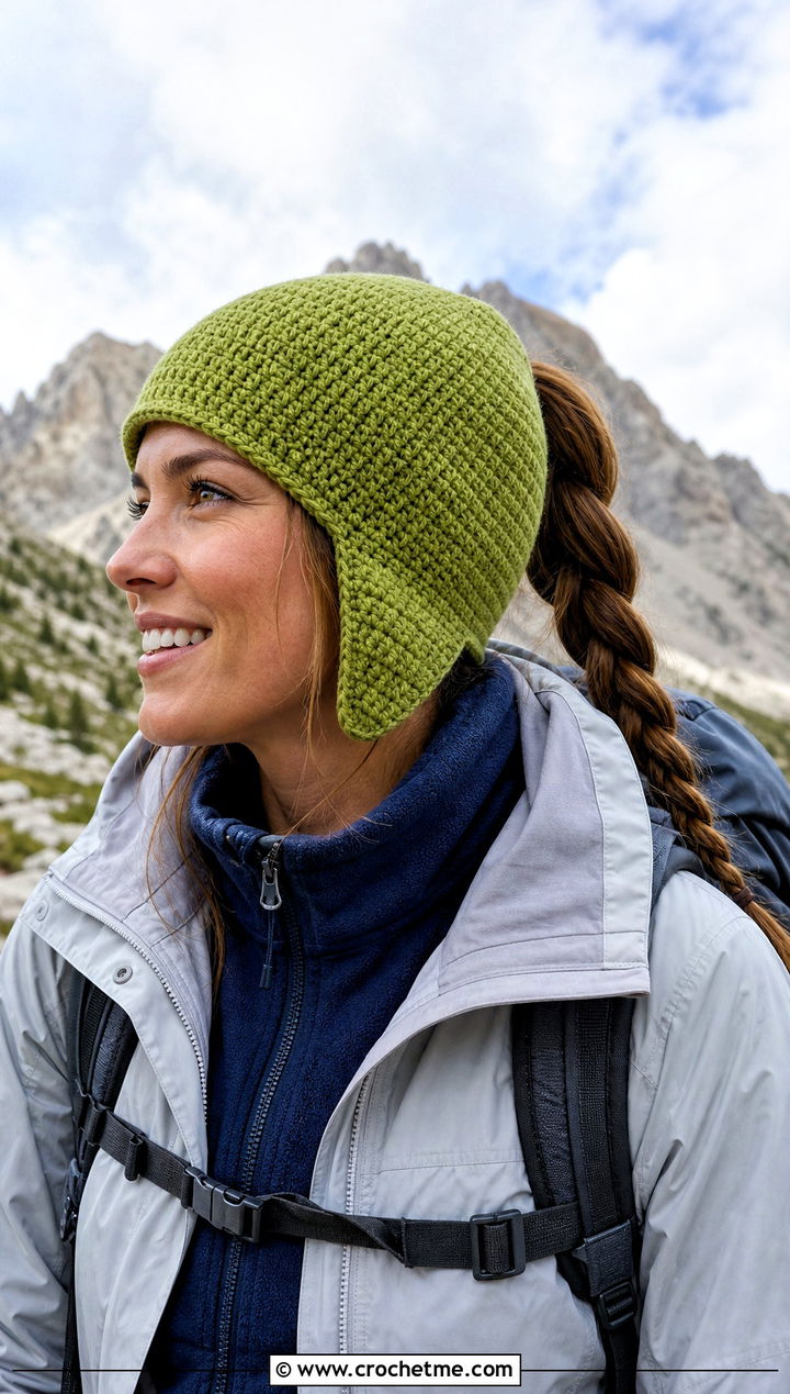 Earflap Crochet Ponytail Hat With Hiking Outfit - 20 easy crochet ponytail hat outfit ideas