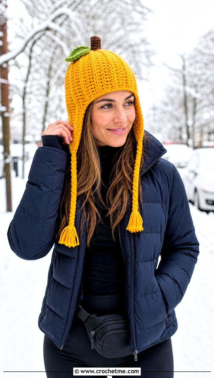 Earflap Crochet Pumpkin Beanie With Puffer Jacket - 30 crochet pumpkin beanie outfit ideas