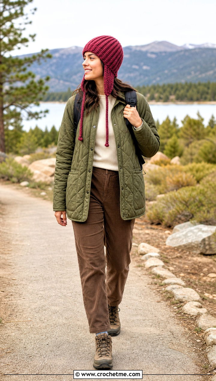 Earflap Crochet Ribbed Beanie With Quilted Jacket And Corduroy Pants - 35 crochet ribbed beanie outfit ideas