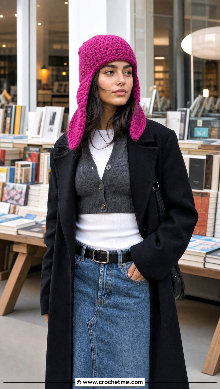 Earflap Crochet Russian Hat With Denim Maxi Skirt - 35 crochet russian hat outfit ideas