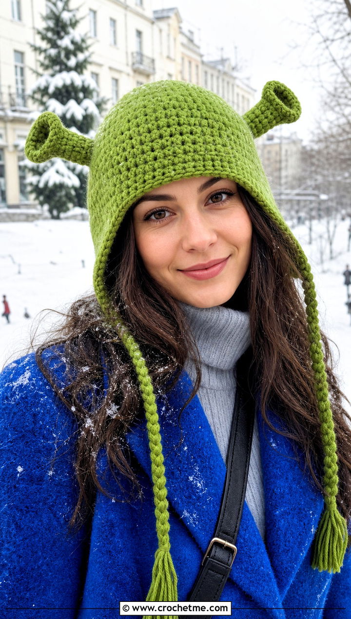 Earflap Crochet Shrek Bucket Hat With Winter Coat - 15 Crochet Shrek Bucket Hat outfit ideas