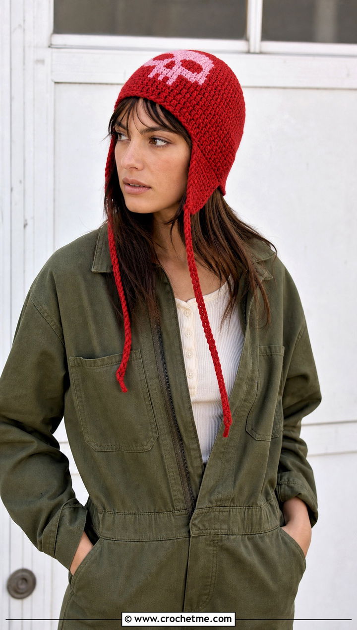 Earflap Crochet Skull Beanie With Utility Jumpsuit - 30 crochet skull beanie outfit ideas