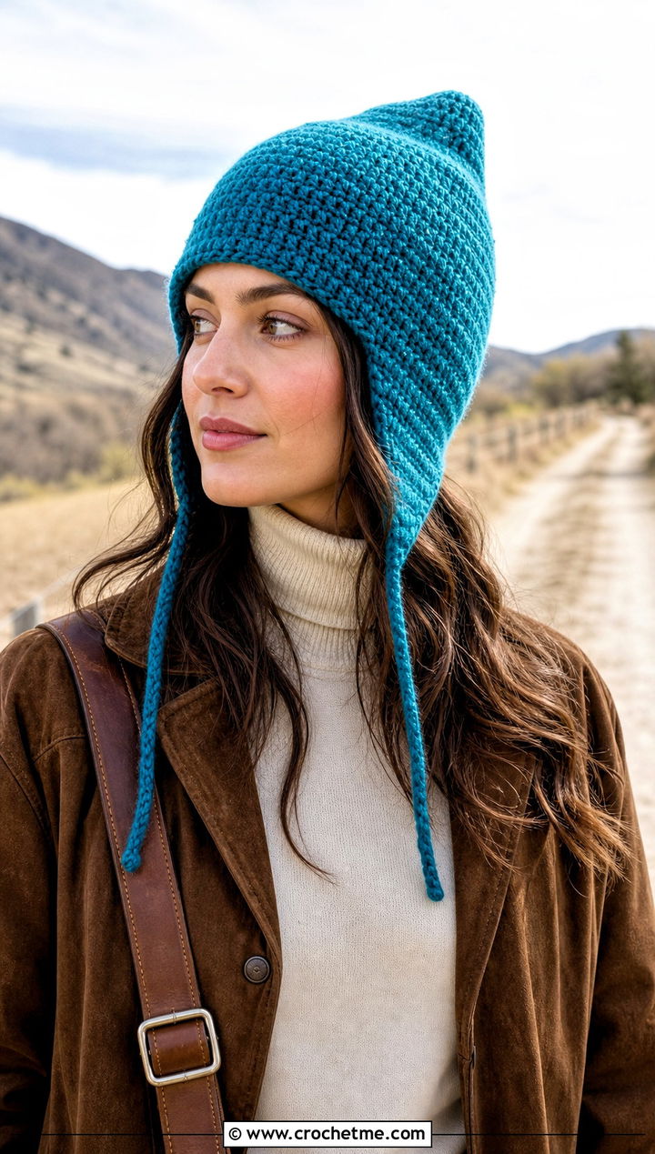 Earflap Crochet Stocking Hat With Suede Jacket - 25 easy crochet stocking hat outfit ideas