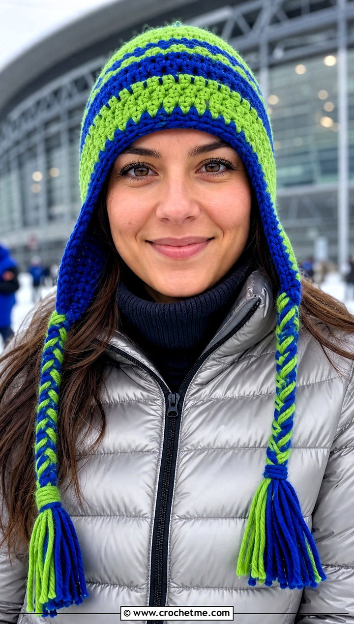 Earflap Crochet Team Hat With Puffer Jacket And Leggings - 20 Crochet Team Hat outfit ideas