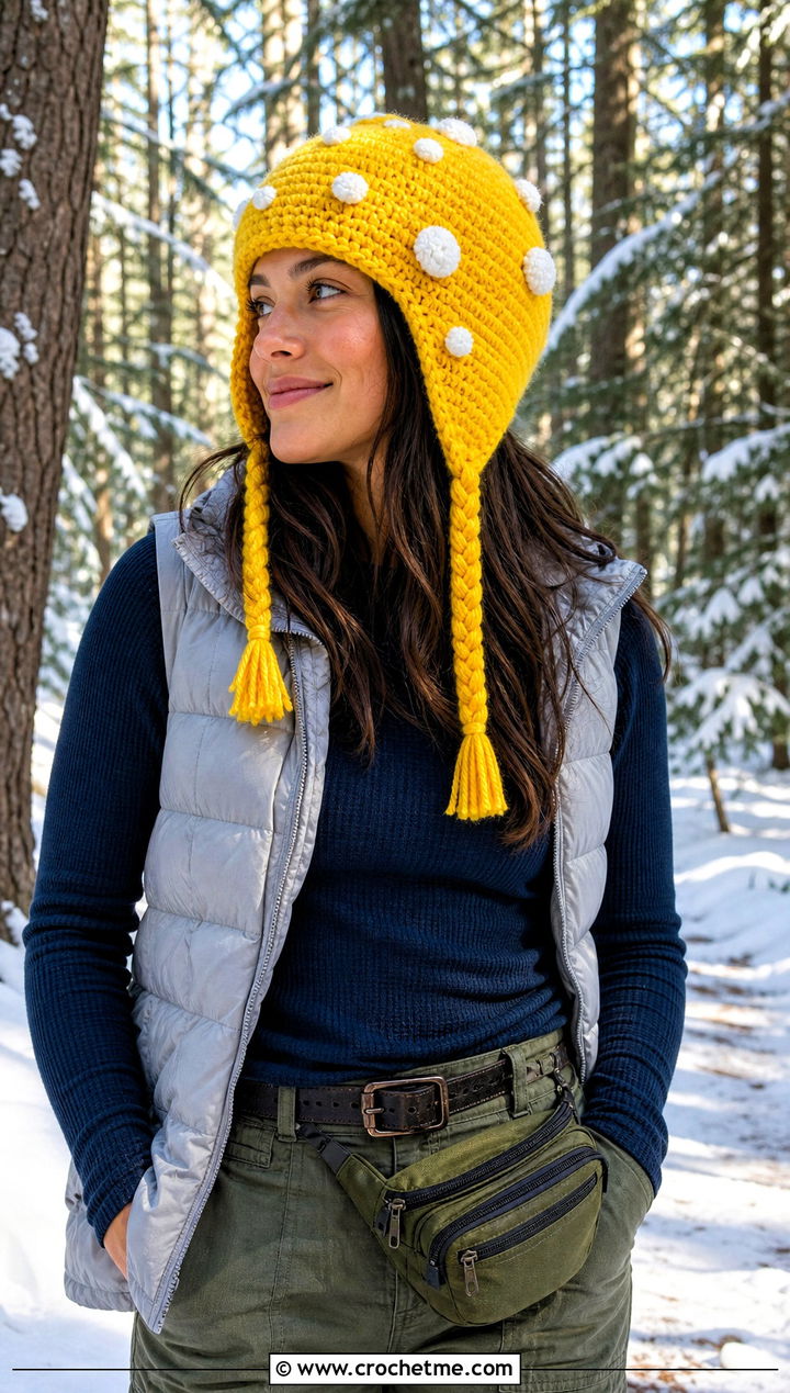 Earflap Crochet Toadstool Beanie With Puffer Vest - 15 Crochet Toadstool Hat outfit ideas
