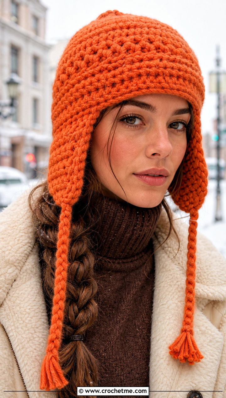 Earflap Crocheted Stocking Cap With Shearling Jacket - 15 Crocheted Stocking Cap outfit ideas