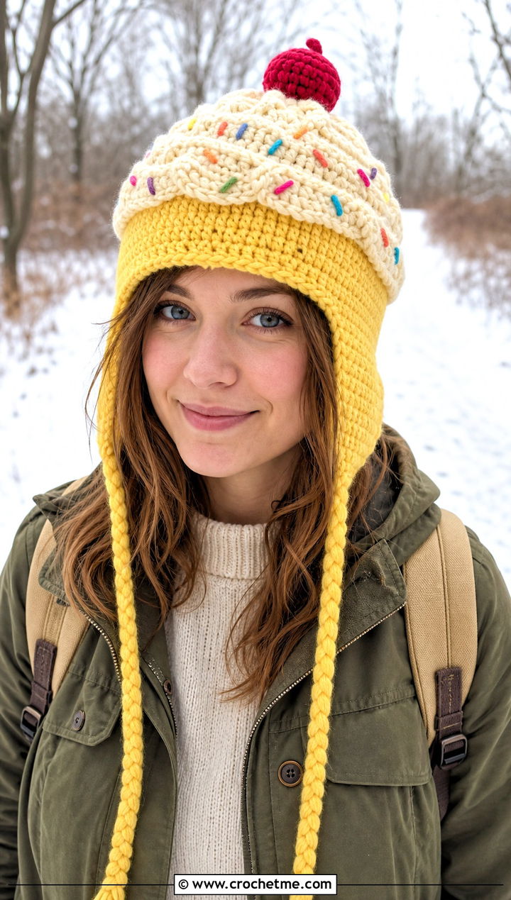 Earflap Cupcake Crochet Hat With Utility Coat - 25 cupcake crochet hat outfit ideas