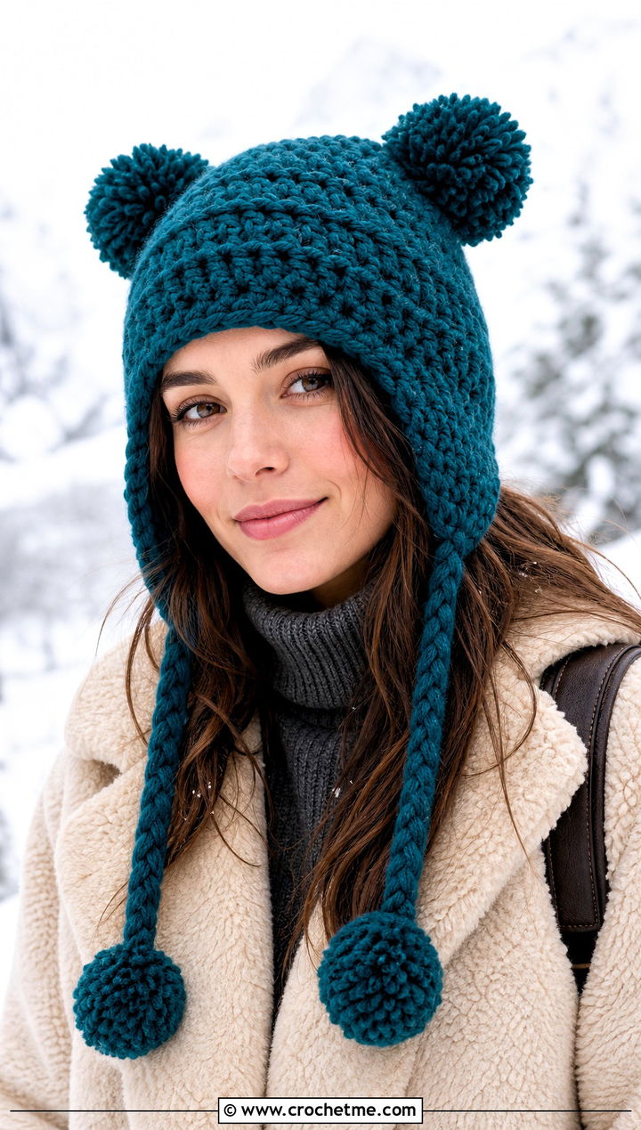 Earflap Double Pom Hat With Shearling Coat - 20 Crochet Hat With Two Pom Poms outfit ideas