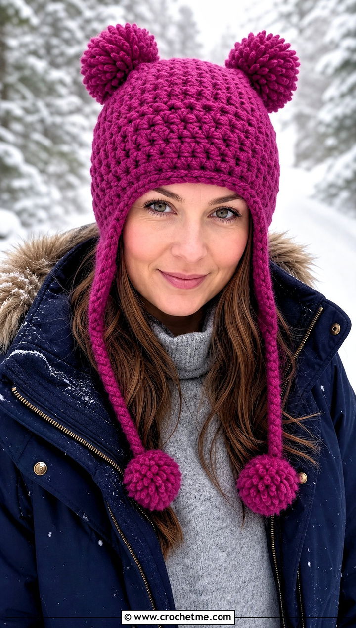 Earflap Double Pom Pom Hat With Parka - 25 Crochet Double Pom Pom Hat outfit ideas