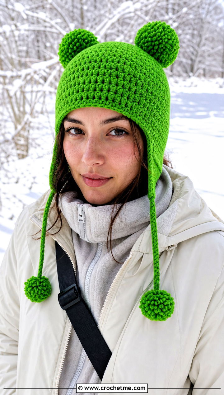 Earflap Double Pompom Crochet Hat With Parka - 25 Double Pompom Crochet Hat outfit ideas