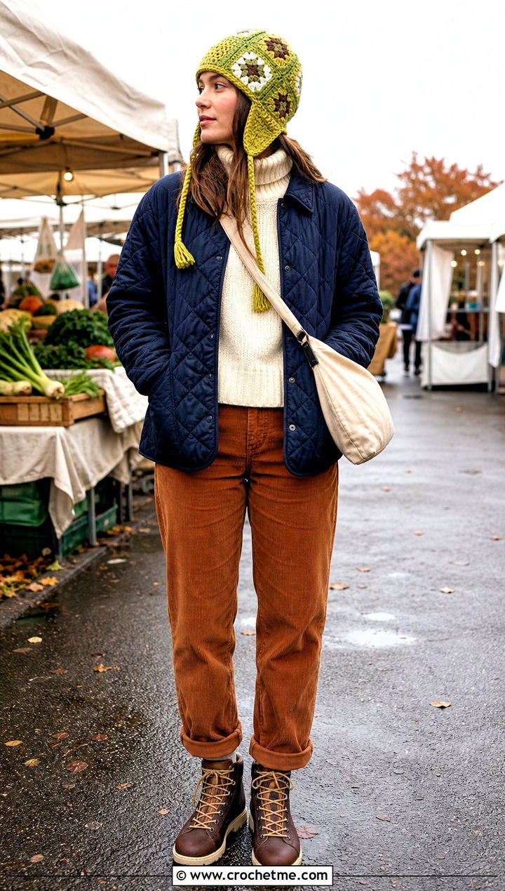 Earflap Granny Square Beanie With Quilted Jacket And Corduroy Pants - 35 granny square hats outfit ideas
