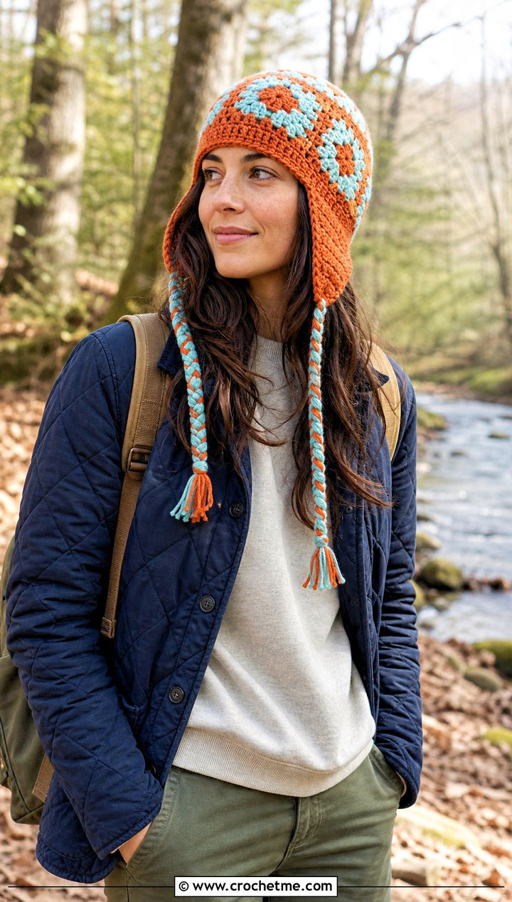 Earflap Granny Square Beanie With Quilted Jacket - 30 granny square beanie outfit ideas