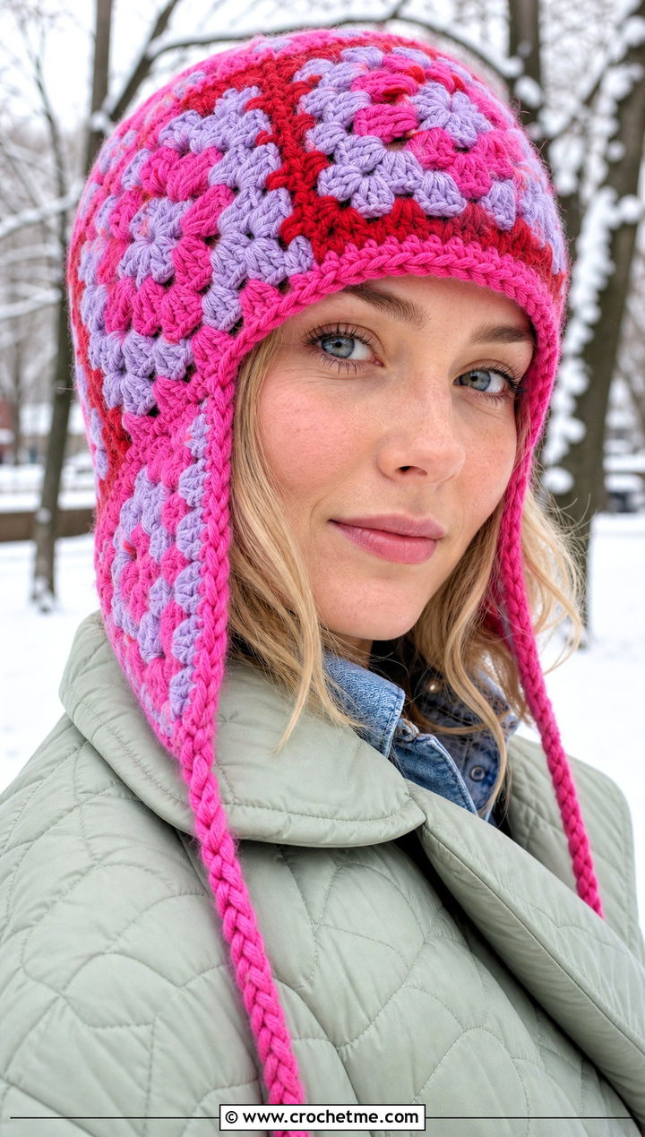 Earflap Granny Square Crochet Beanie With Quilted Coat And Relaxed Jeans - 30 granny square crochet beanie outfit ideas